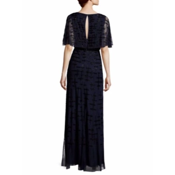 NWT Aidan Mattox Twilight Blue Beaded Cape Sleeve Flutter Gown Size 4 MSRP $495 - Picture 4 of 5